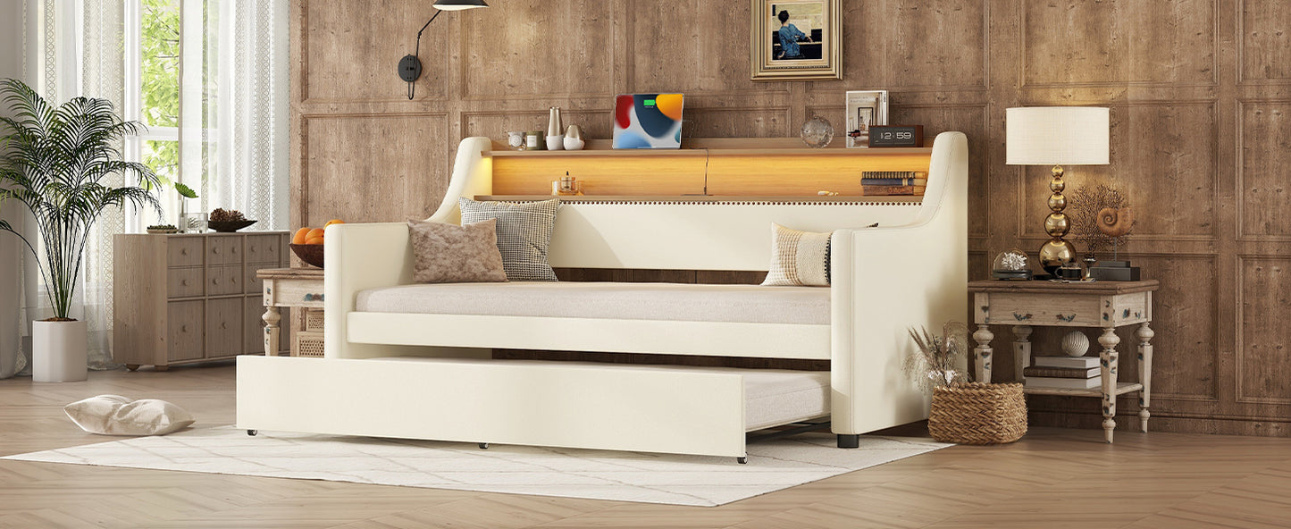 Twin Size Daybed with Trundle, Upholstered Daybed with Charging Station and LED Lights, White