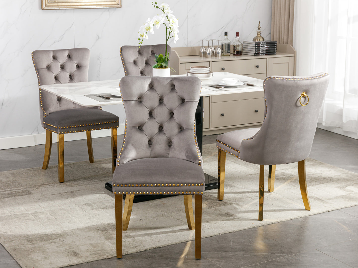 Tufted solid wood velvet cushioned dining chair, gold-plated stainless steel nail leg heads, 2 pieces in gray and gold