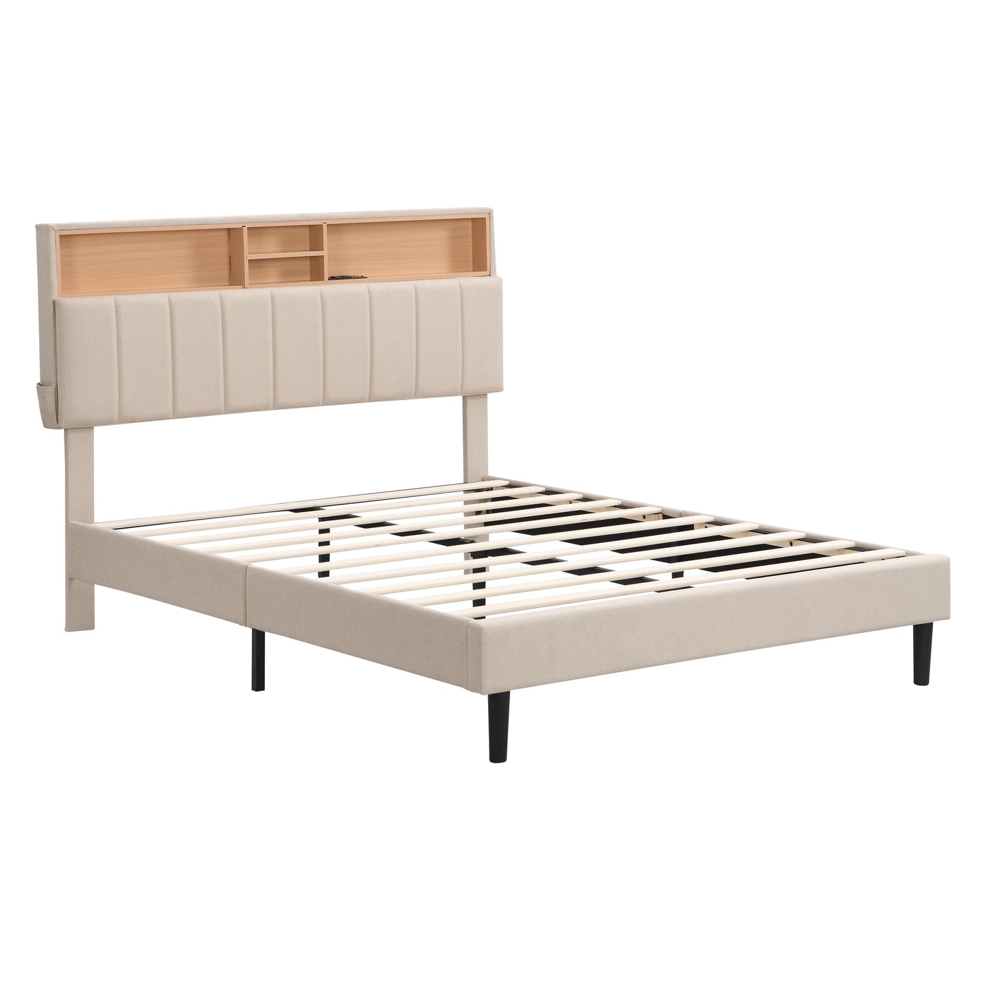 Cama de plataforma tapizada de tamaño completo con cabecera de almacenamiento y puerto USB, tela de lino en color beige