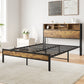 Full Size Bed Frame with Storage Headboard Metal Platform Bed with Charging Station Black