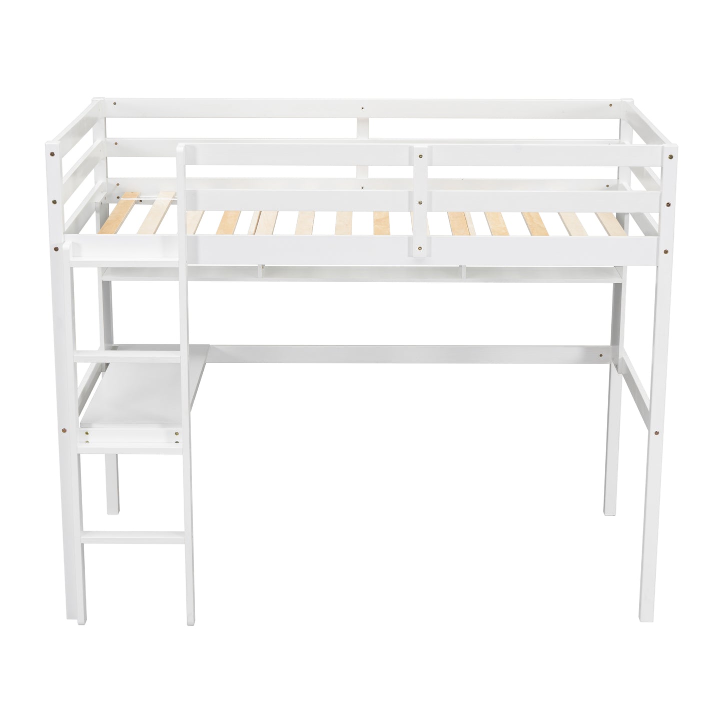 Twin Loft Bed with built-in desk and bookcase of three compartments, Guardrails and Ladder,White