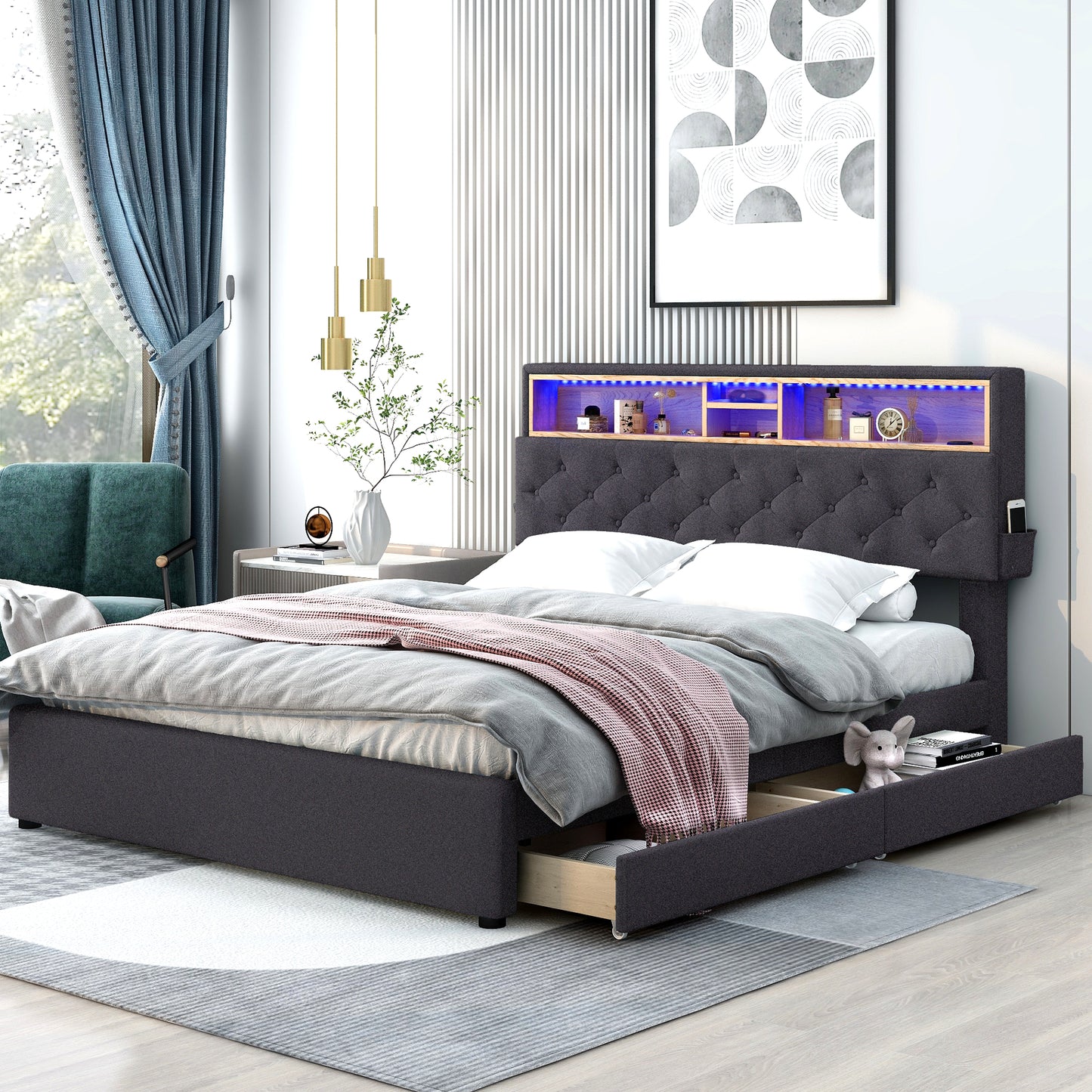 Queen Size Upholstered Platform Bed with Storage Headboard, LED Lights, USB Charging, and 2 Drawers, Dark Gray