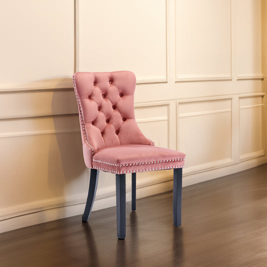 High-end Tufted Solid Wood Contemporary Velvet Upholstered Dining Chair with Wood Legs Nailhead Trim 2-Pcs Set Pink