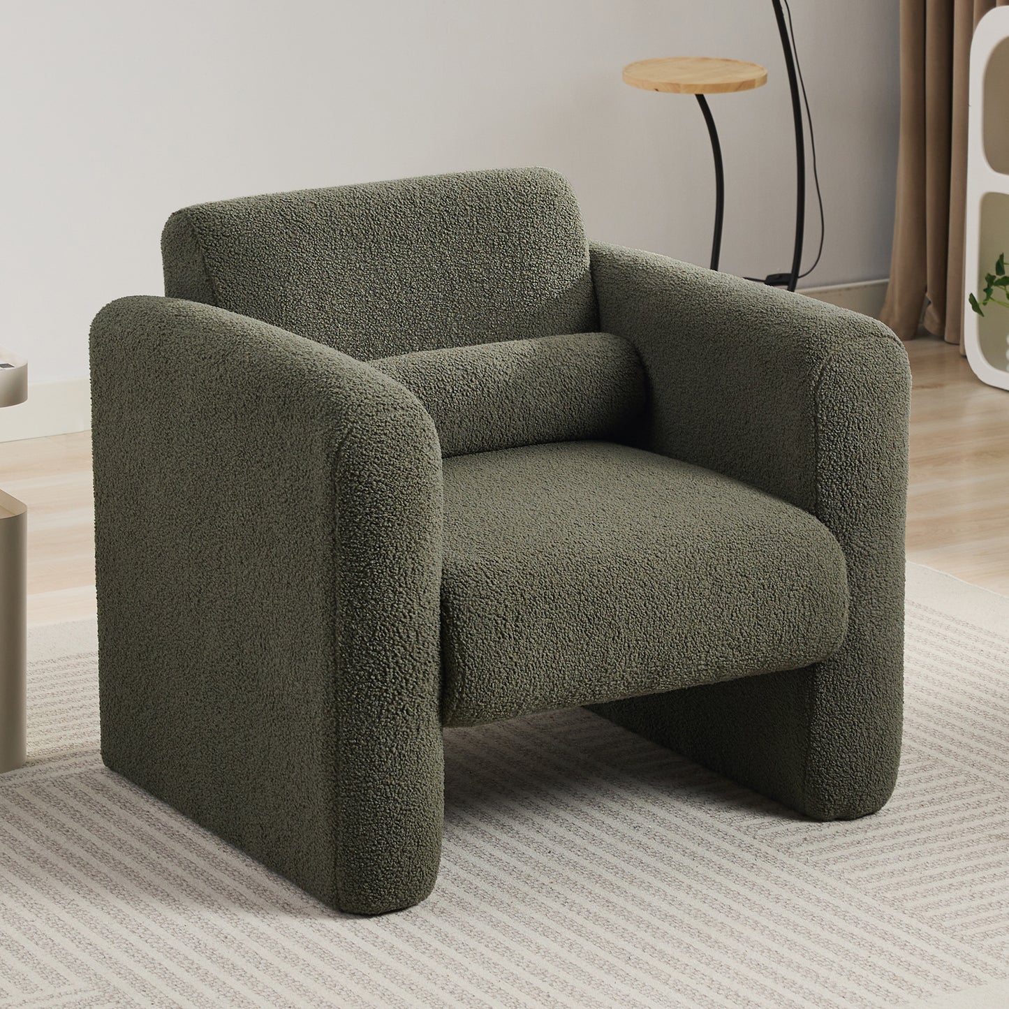 Modern Chair with Sheepskin Sherpa Fabric, Soft Cushion Armchair in Seaweed Green for Living Rooms