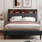 Full Size Upholstered Platform Bed with Storage Headboard and USB Port, Linen Fabric in Gray