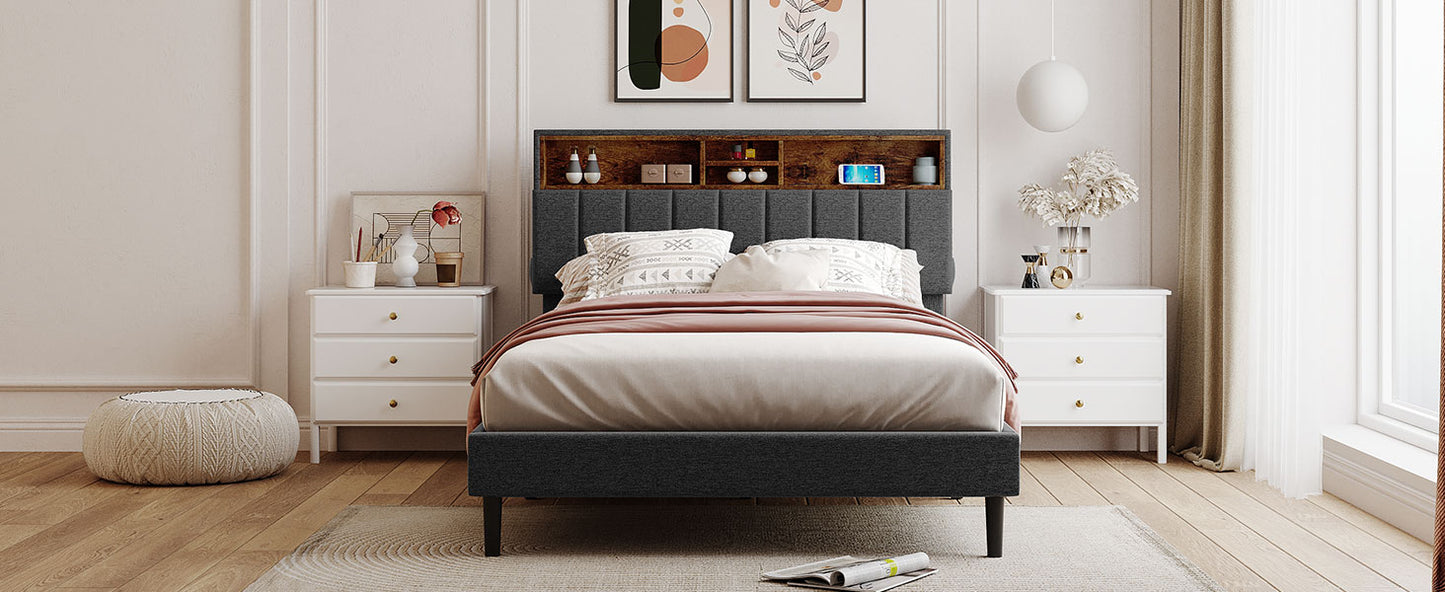 Full Size Upholstered Platform Bed with Storage Headboard and USB Port, Linen Fabric in Gray