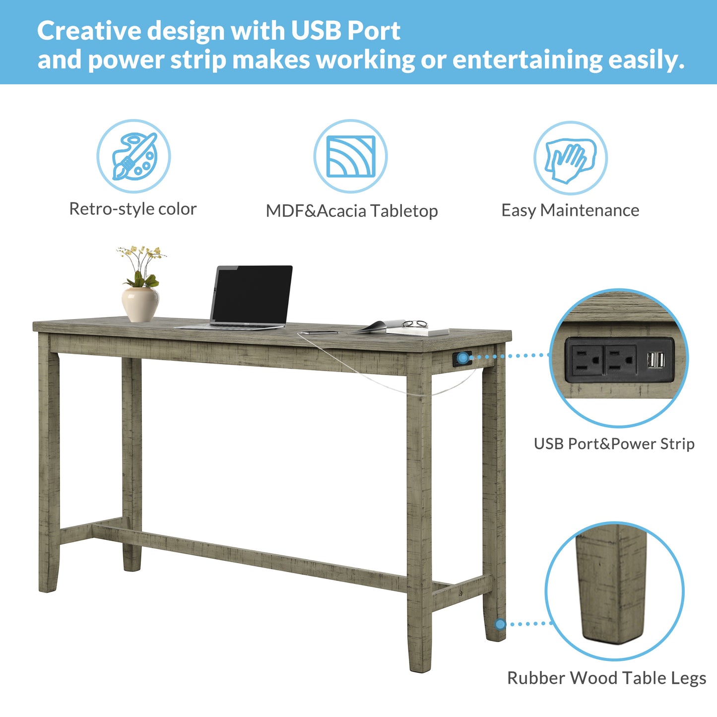 TOPMAX 4-Piece Counter Height Table Set with Fabric Padded Stools, Rustic Bar Dining Set in Gray Green