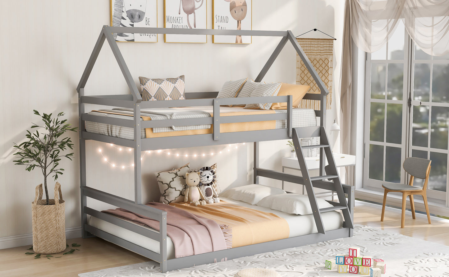 Twin over Full House Bunk Bed with Built-in Ladder Gray