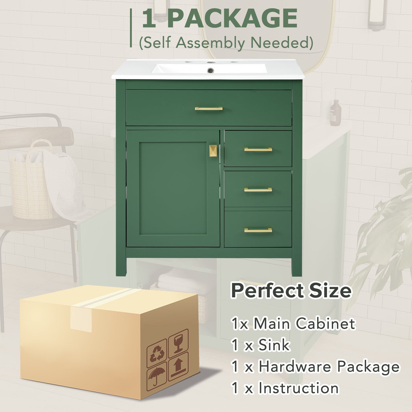 30-Inch Green Bathroom Vanity with Ceramic Sink and Ample Storage - Ideal Choice for Small Bathrooms