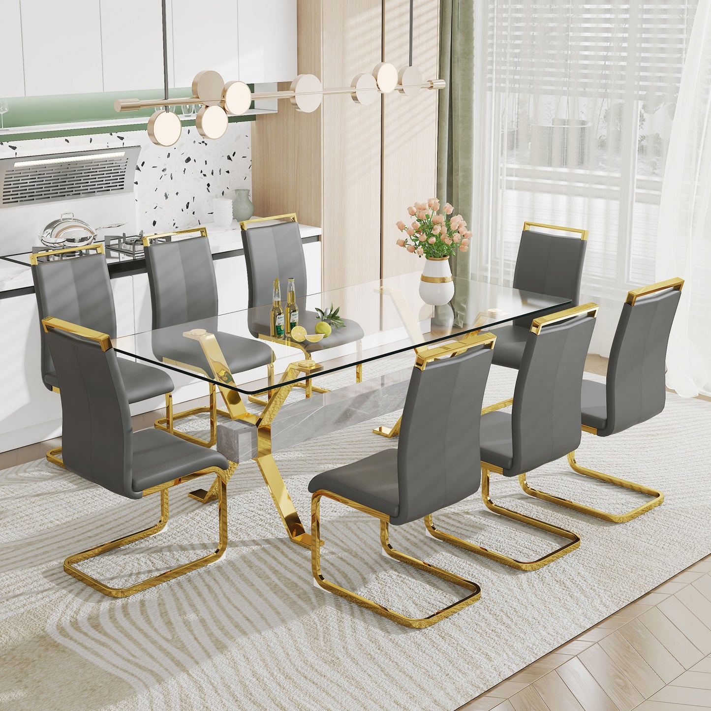 Mesa de comedor moderna de vidrio templado, escritorio de oficina grande con patas de metal chapado en oro y barras transversales de MDF