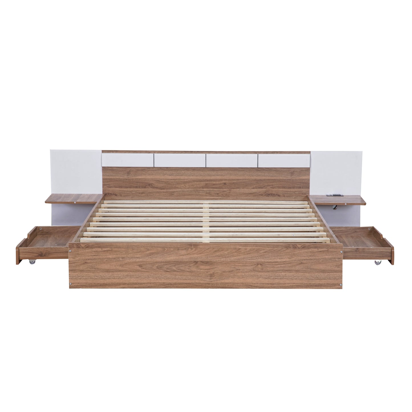 Queen Size Platform Bed with Headboard, Drawers, Shelves, USB Ports and Sockets, Natural