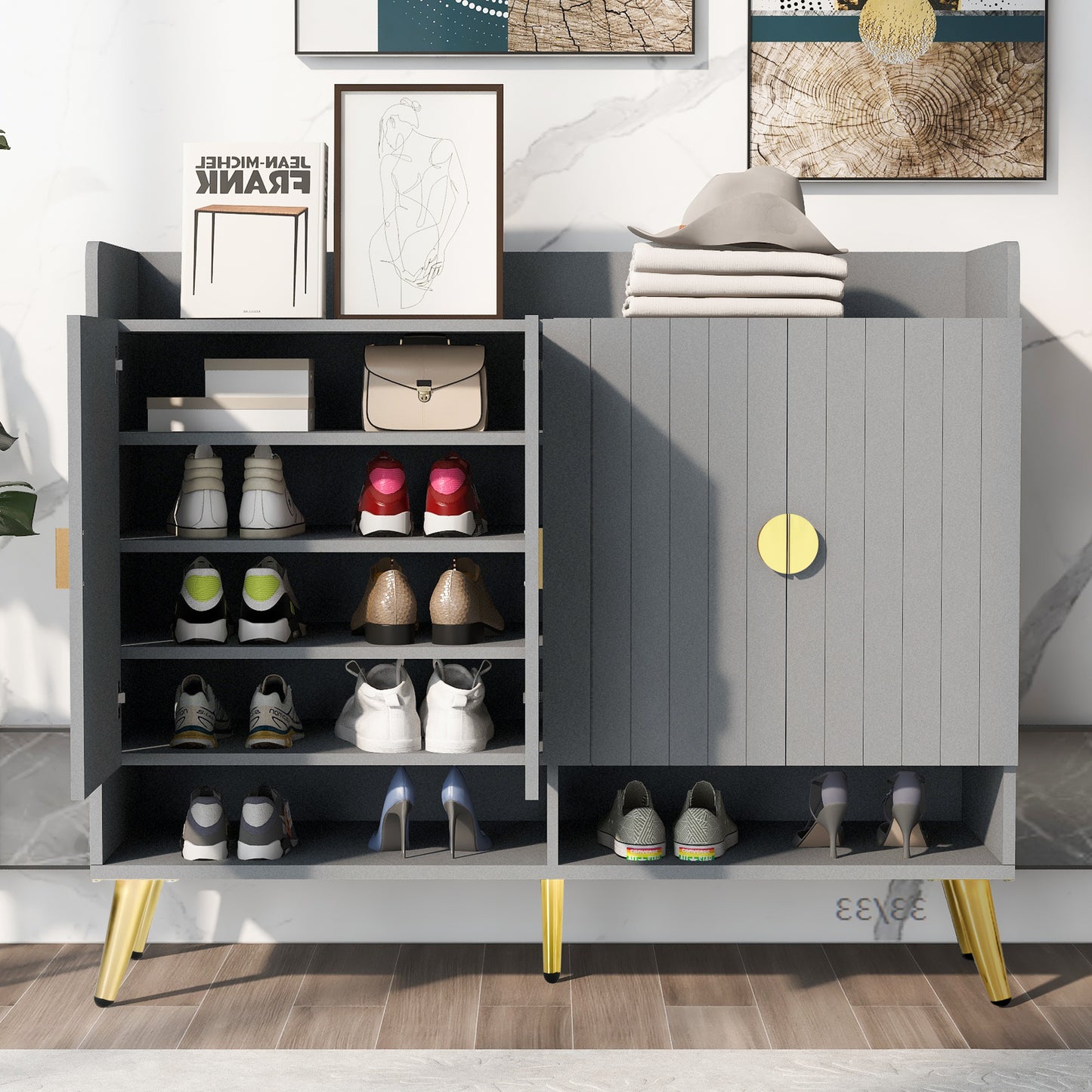 U-Can shoe cabinet with door, 11 layer shoe cabinet with adjustable shelves, modern wooden shoe cabinet (matte surface)