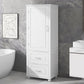 Tall bathroom storage cabinet with two drawers and adjustable shelves for independent storage