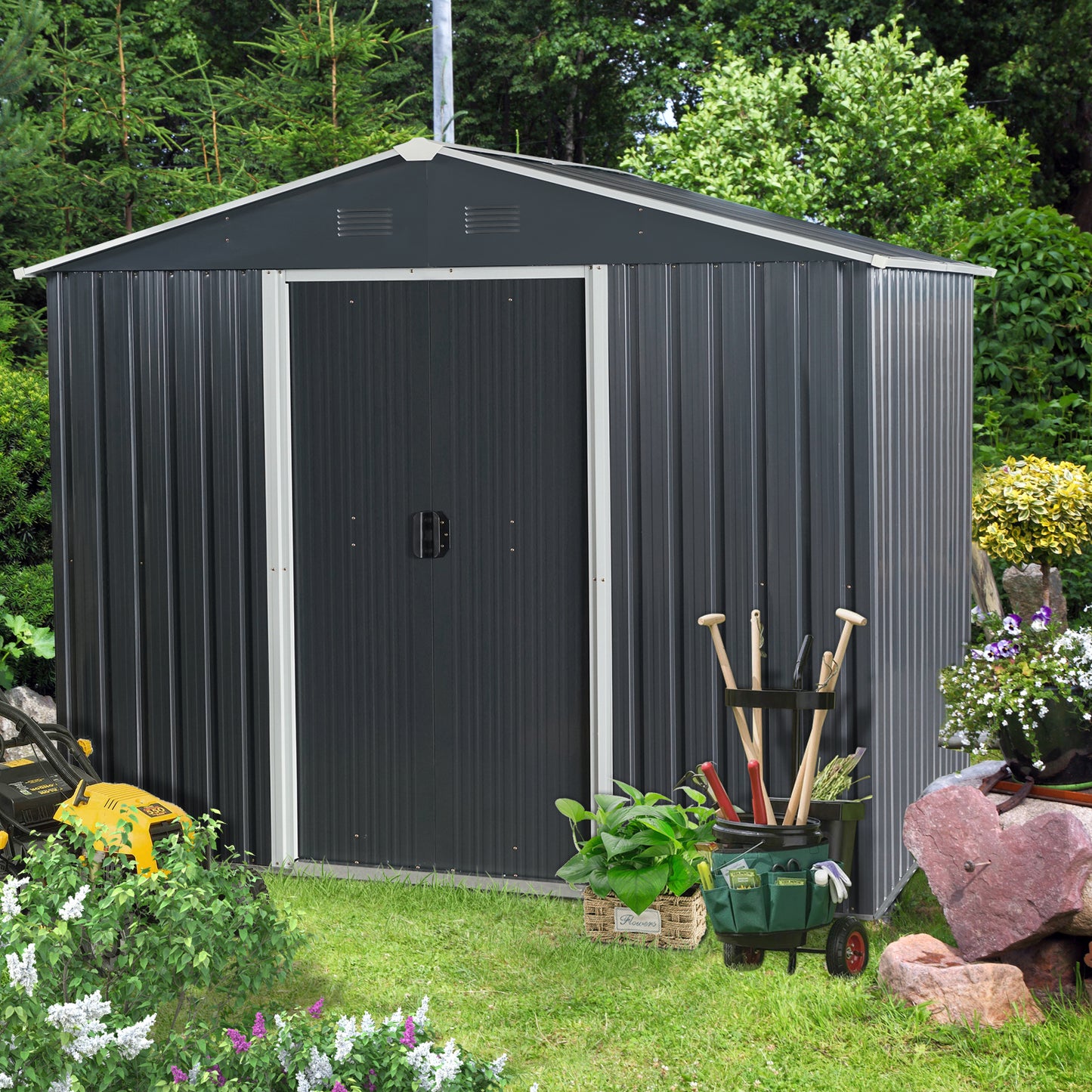 8ft x 6ft Outdoor Metal Storage Shed with Floor Base Black