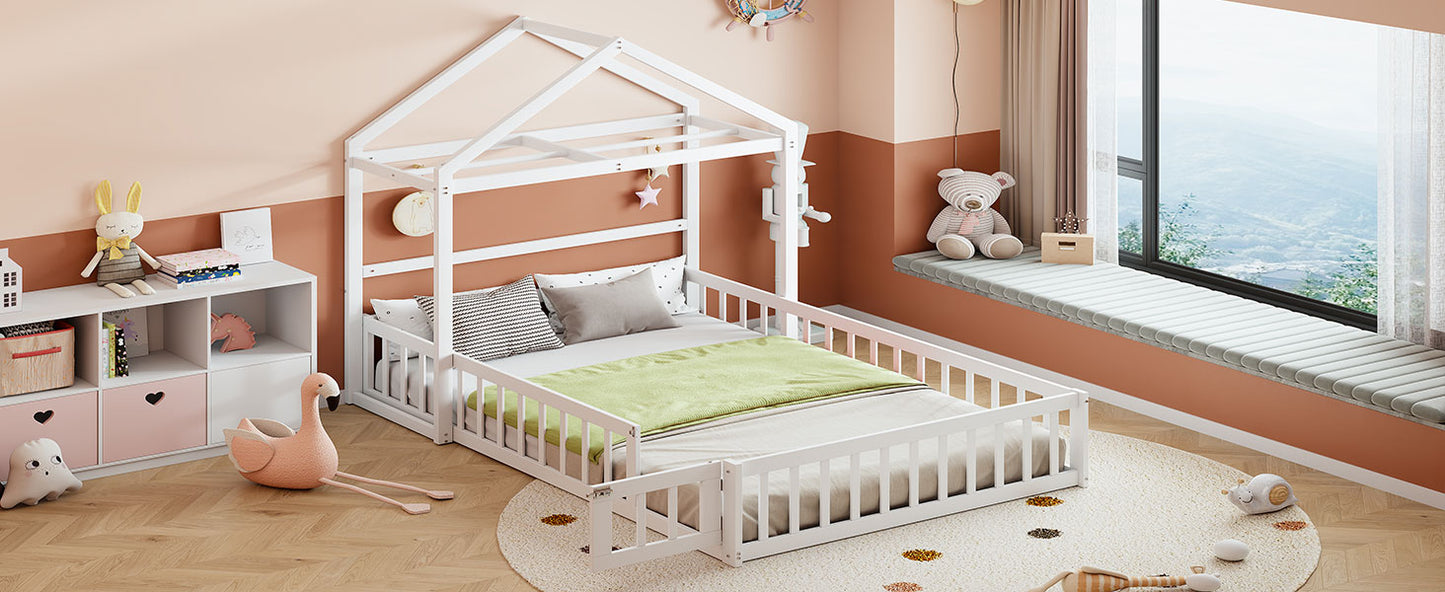 Wooden Full Size Children's Bed with Detachable Headboard and Integrated Clothes Drying Rack, White