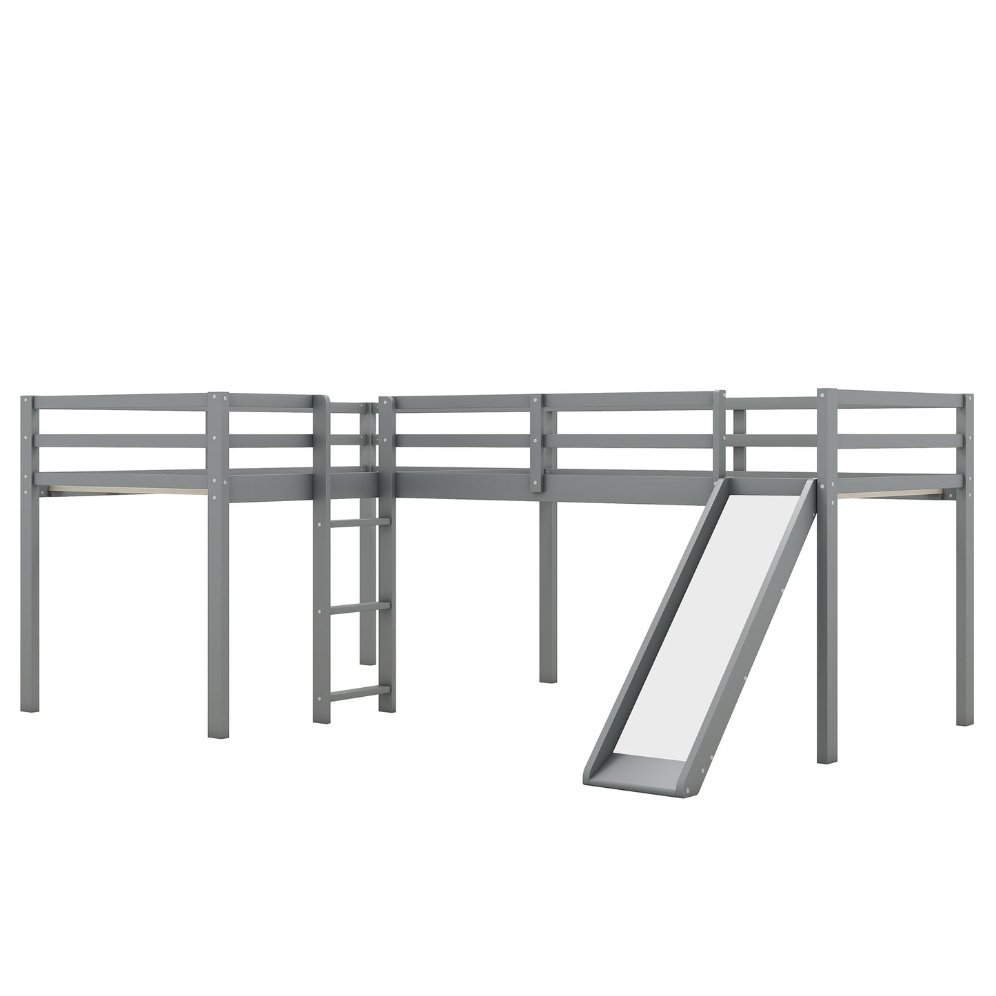 L-Shaped Twin Size Loft Bed with Ladder and Slide, Gray