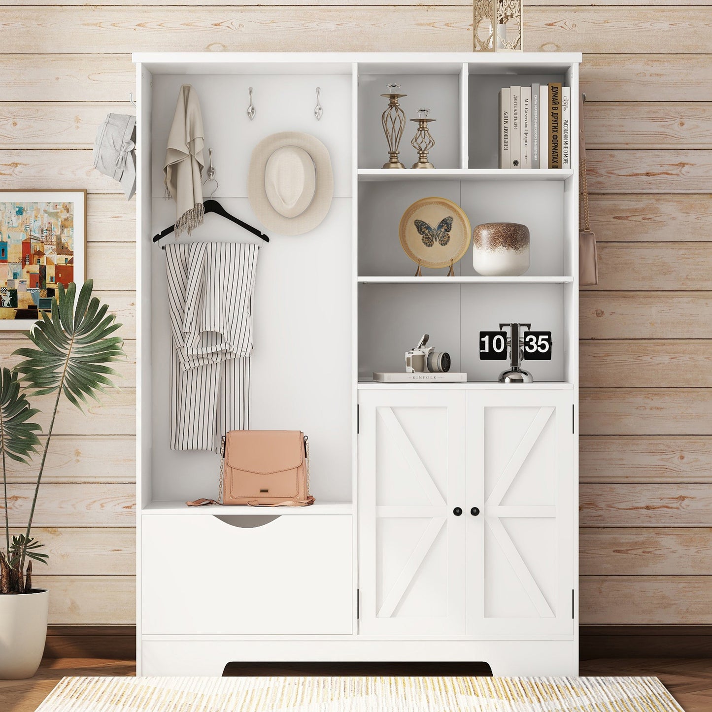 Multi-functional Hall Tree with Storage Shelves Drawers Cabinet Elegant Hallway Shoe Cabinet with Bench Modern Coat Rack White