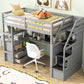 Twin Size Loft Bed with Desk and Shelves Two Built-in Drawers, Storage Staircase Gray