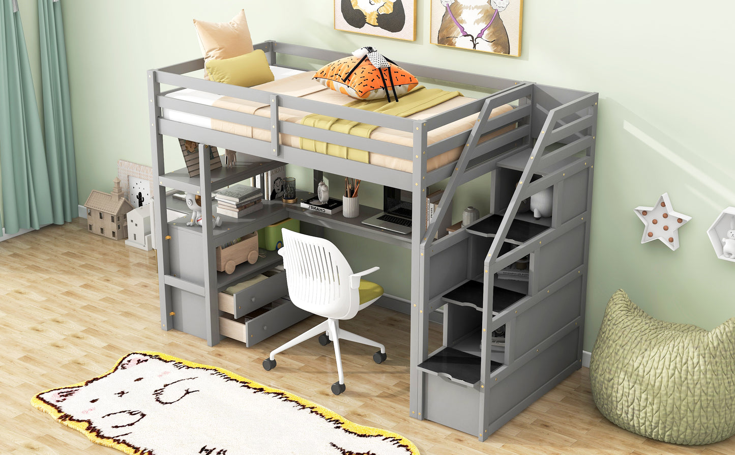 Twin Size Loft Bed with Desk and Shelves Two Built-in Drawers, Storage Staircase Gray