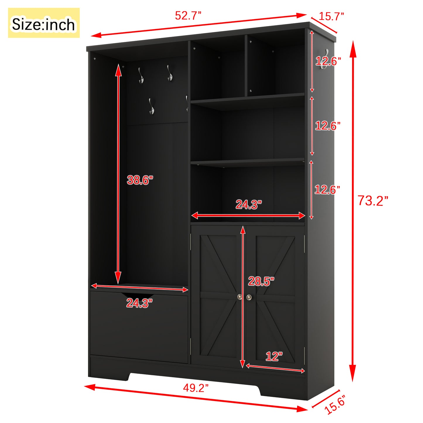 Multi-functional Hall Tree with Storage Shelves Drawers and Cabinet, Elegant Hallway Shoe Cabinet with Bench Modern Black