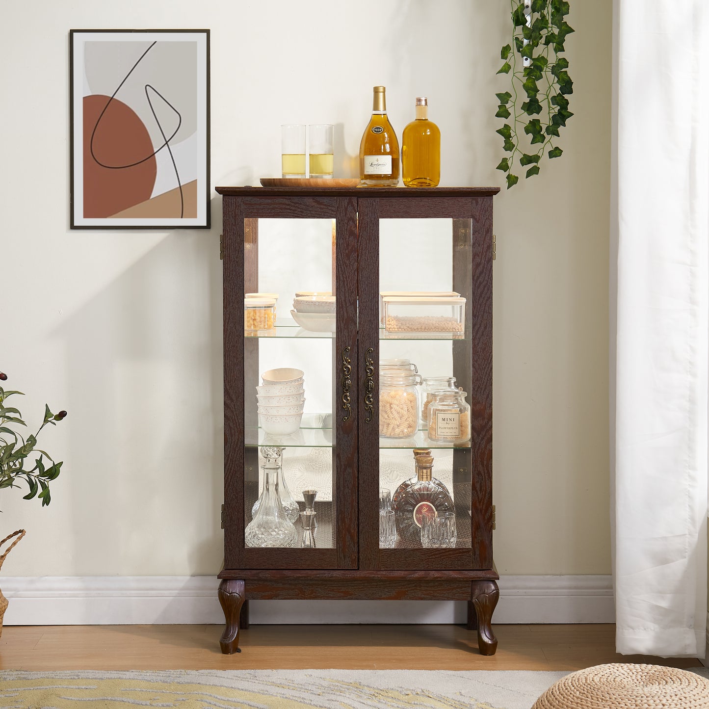 Dual door Curio cabinet with tempered glass mirror back panel and adjustable shelf display cabinet with light bulbs cherry color