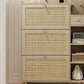 Natural Bohemian style shoe cabinet with 3 rattan flip drawers, 3 square shelves, and 1 storage drawer,  Natural