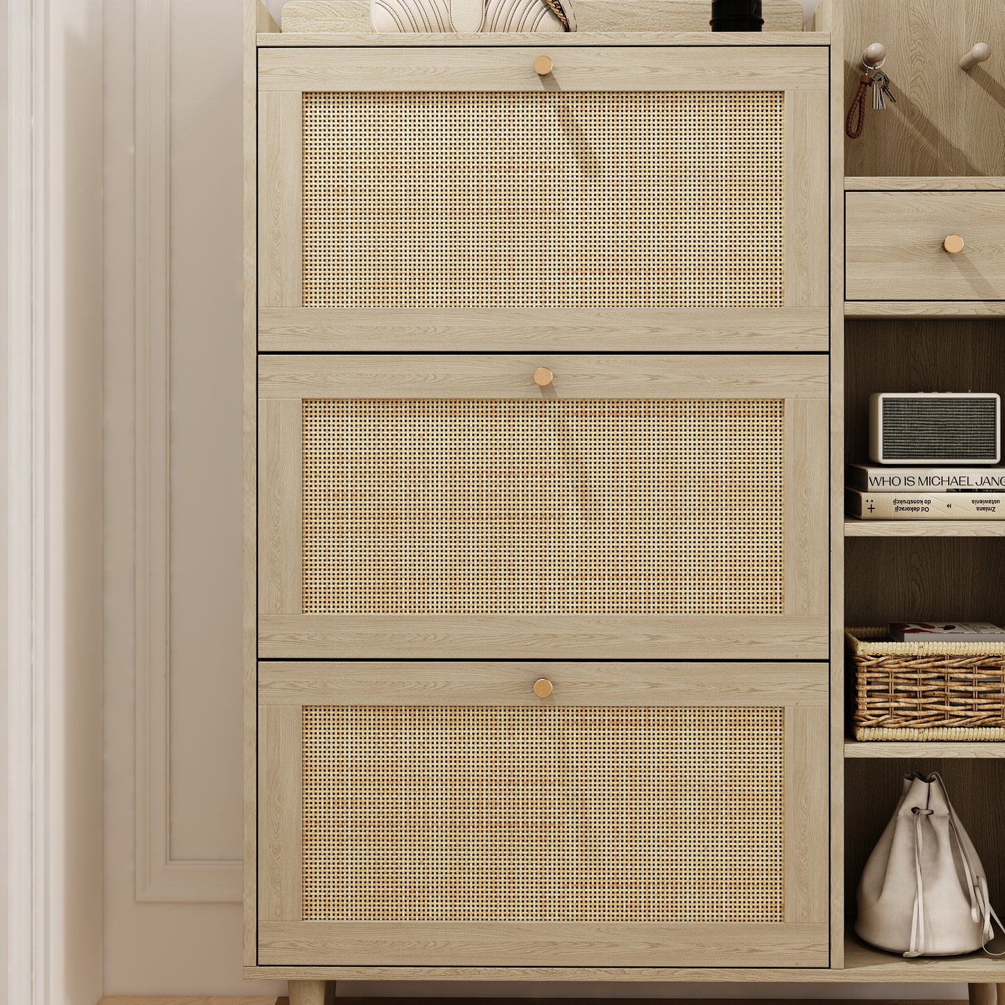 Natural Bohemian style shoe cabinet with 3 rattan flip drawers, 3 square shelves, and 1 storage drawer,  Natural