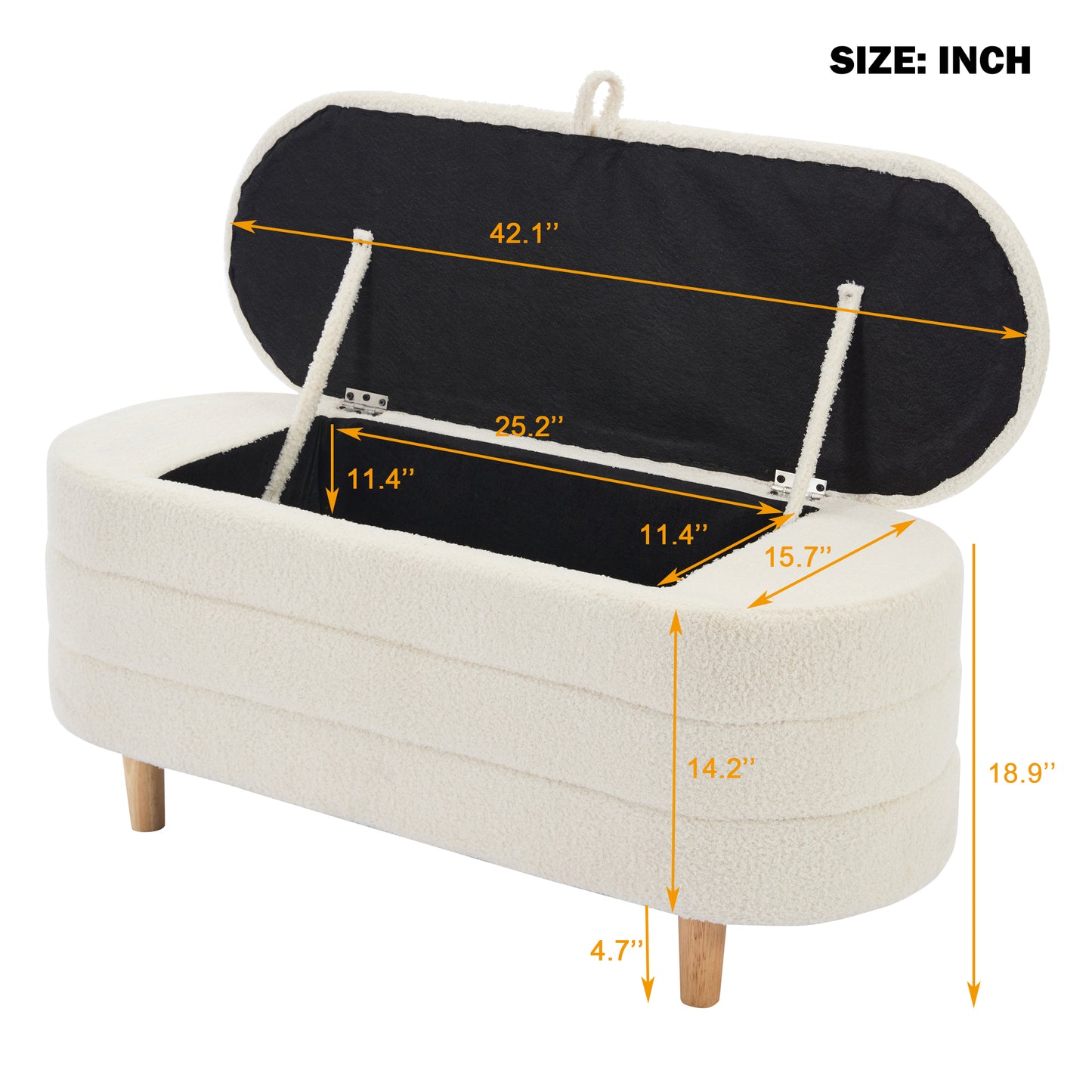 Elegant Upholstered Sherpa Fabric Storage Ottoman with Wood Legs, Storage Bench for Bedroom, Living Room, White