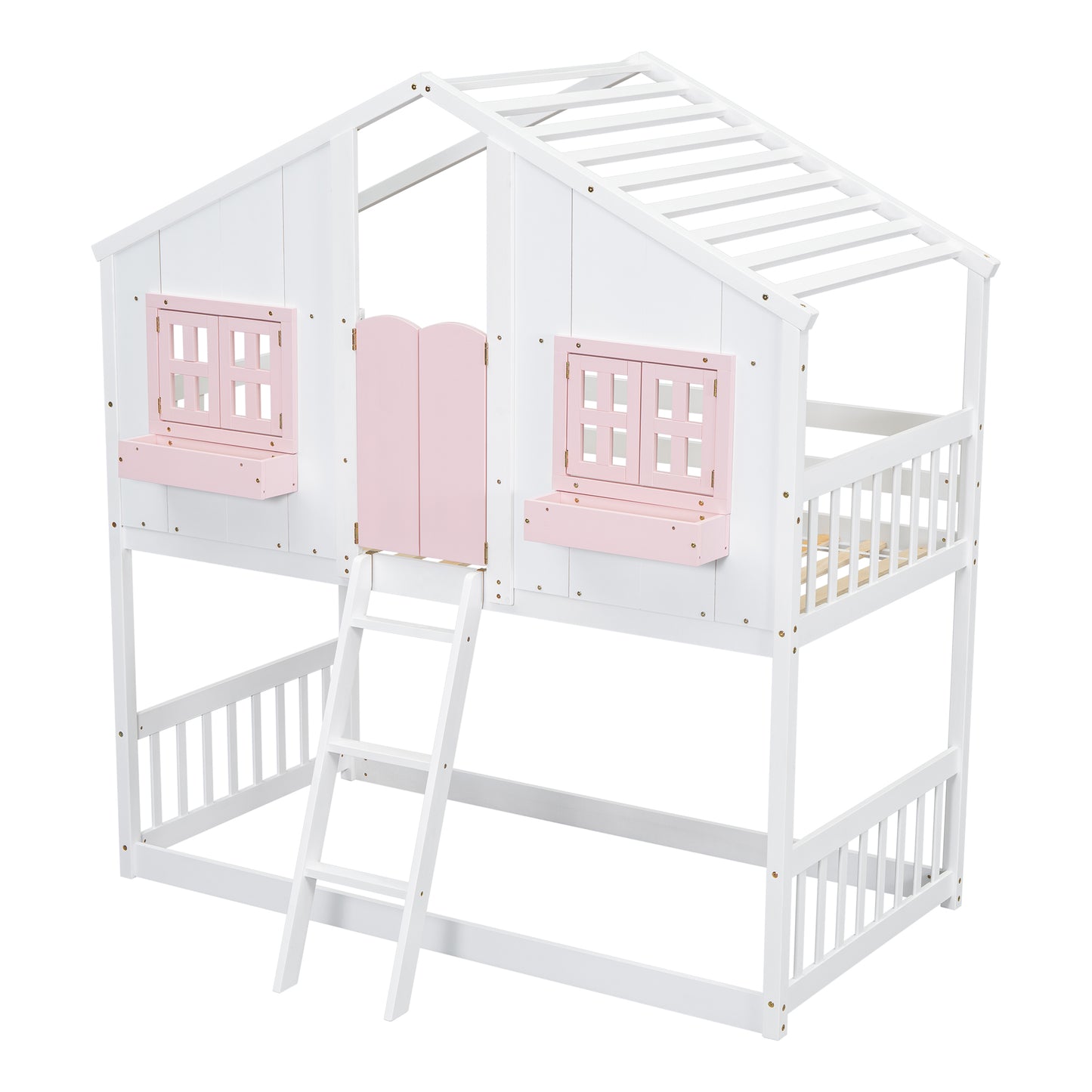 Twin over Twin House Bunk Bed with Roof , Window, Window Box, Door , with Safety Guardrails and Ladder, Pink/White