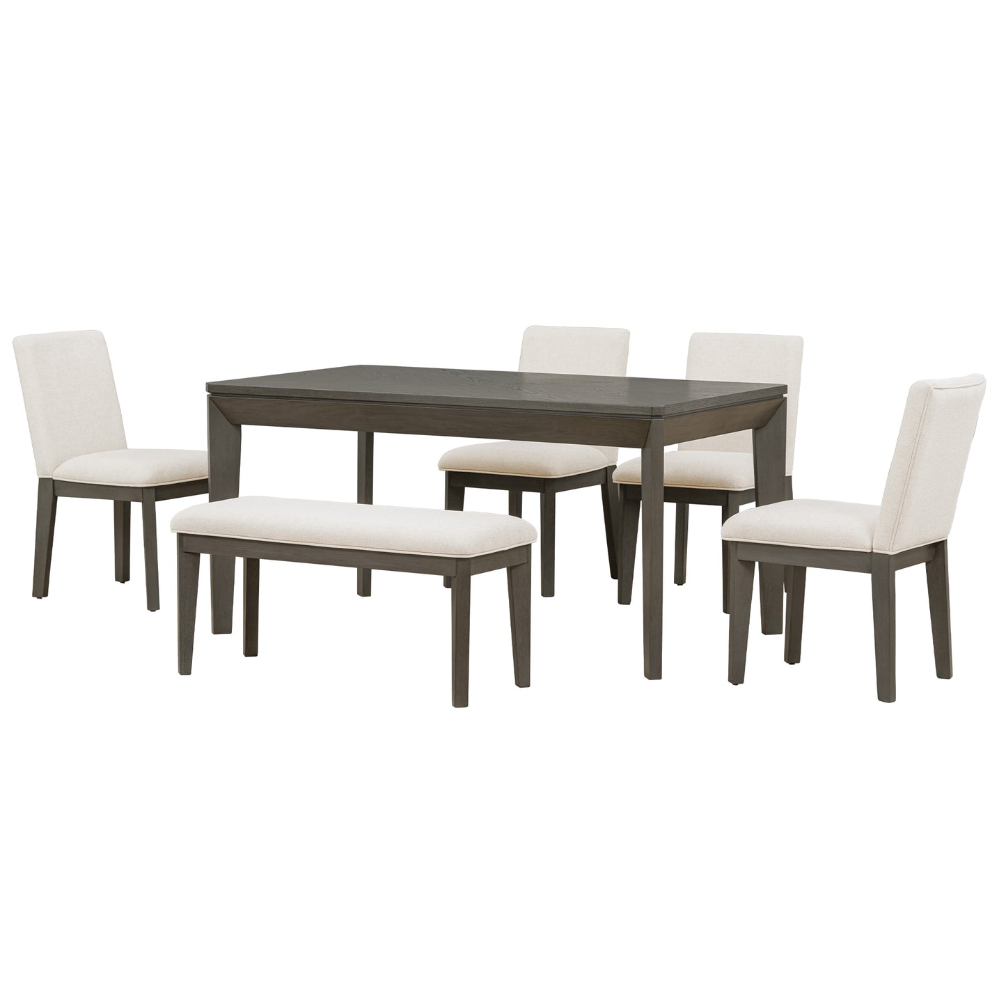 Juego de mesa de comedor TOPMAX de 6 piezas con sillas y banco tapizados, patas cónicas estilo rústico, gris oscuro y beige