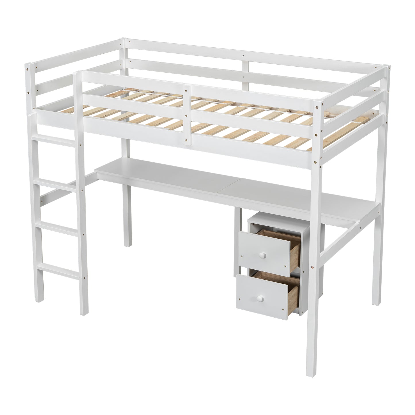 Twin Loft Wood Bed with Built-In Desk, Storage Cabinet, Guardrails, and Ladder, White Finish