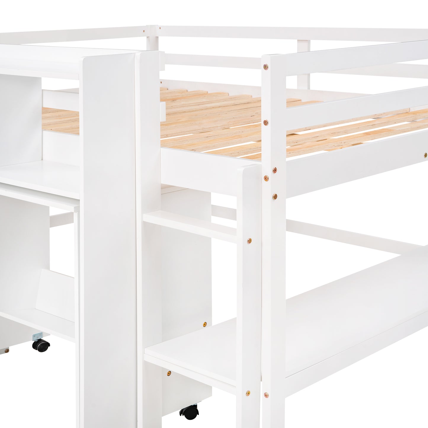 Full Size Low Loft Bed with Rolling Portable Desk, Drawers and Shelves, White