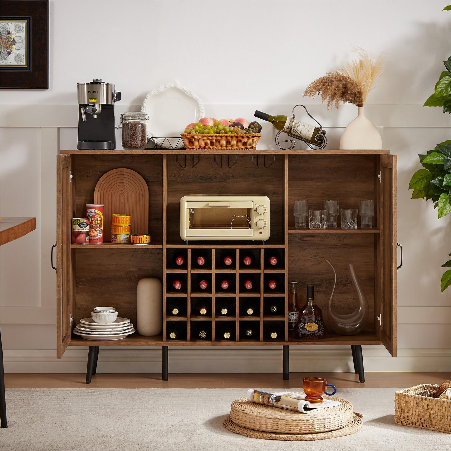 Oak Color Faux Rattan Barn Door Wine Cabinet with Wine Rack and Wine Glass Rack, Double Door Design with Removable Shelves