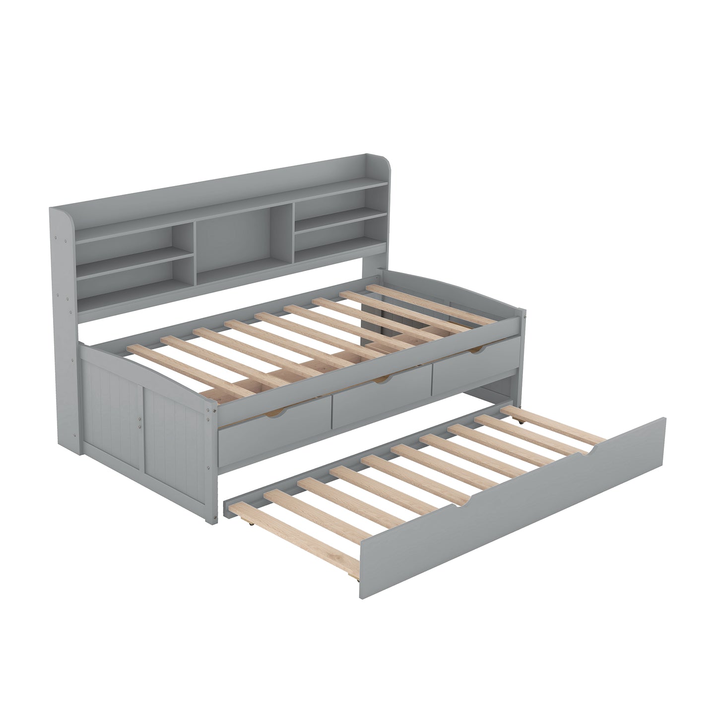 Twin Size Wooden Captain Bed with Built-in Bookshelves,Three Storage Drawers and Trundle Light Grey