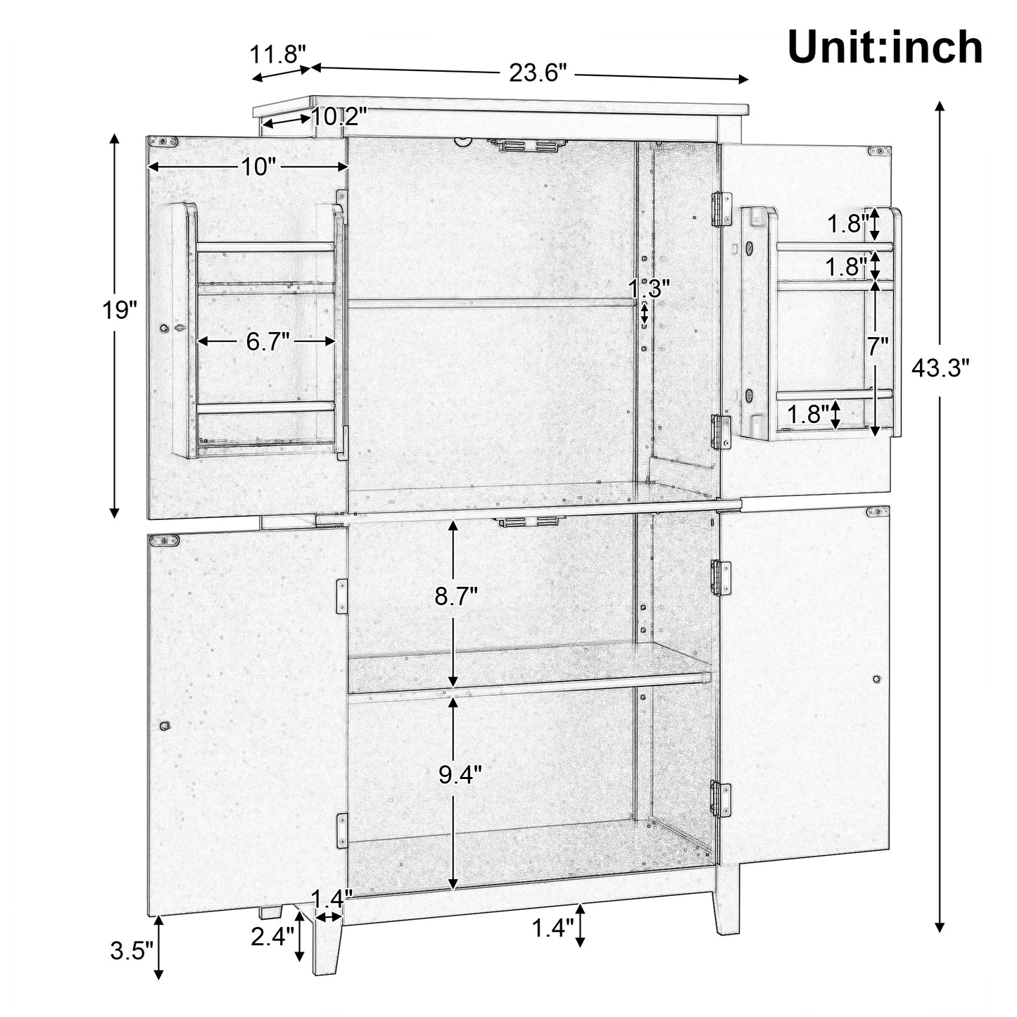 Bathroom floor storage cabinet, bathroom storage cabinet, 4-door independent cabinet, adjustable shelf, adaptive shelf, gray