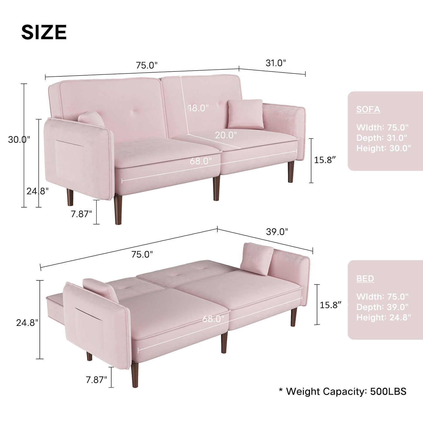 Sofá cama convertible con patas de madera y tapizado de terciopelo en color rosa para salones modernos