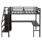 Twin XL loft bed with L-shaped desk and USB, metal loft bed with wardrobe and adjustable shelf, LED loft bed, black