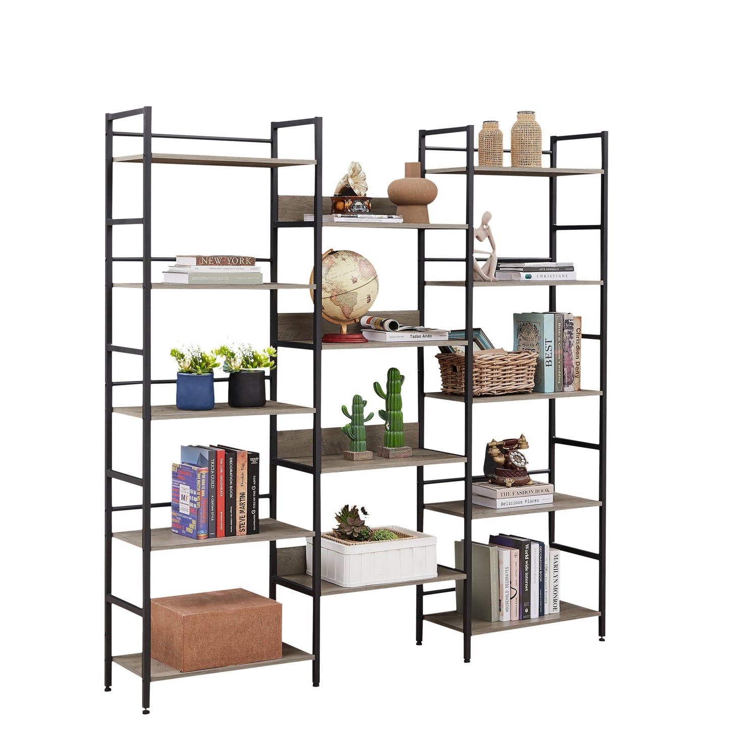 Triple Wide 5-shelf Bookshelves Industrial Retro Wooden Style Home and Office Large Open Bookshelves Grey