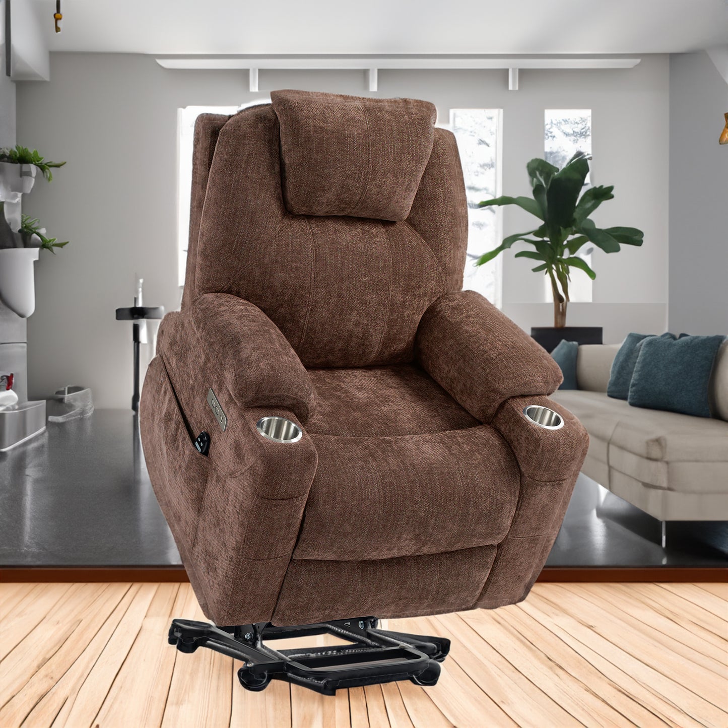 Okin motor Up to 350 LBS Chenille Power Lift Recliner Chair Brown