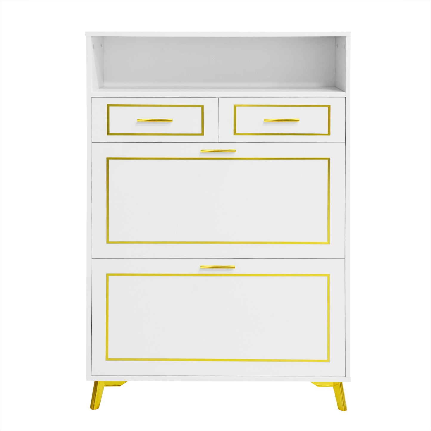 U-Can Shoe Cabinet with 2 Flip Drawers, 2 Slide Drawers, and 1 Shelf, Modern White Finish