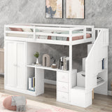 Twin Size Loft Bed with Wardrobe and Staircase, Desk and Storage Drawers and Cabinet in 1  White