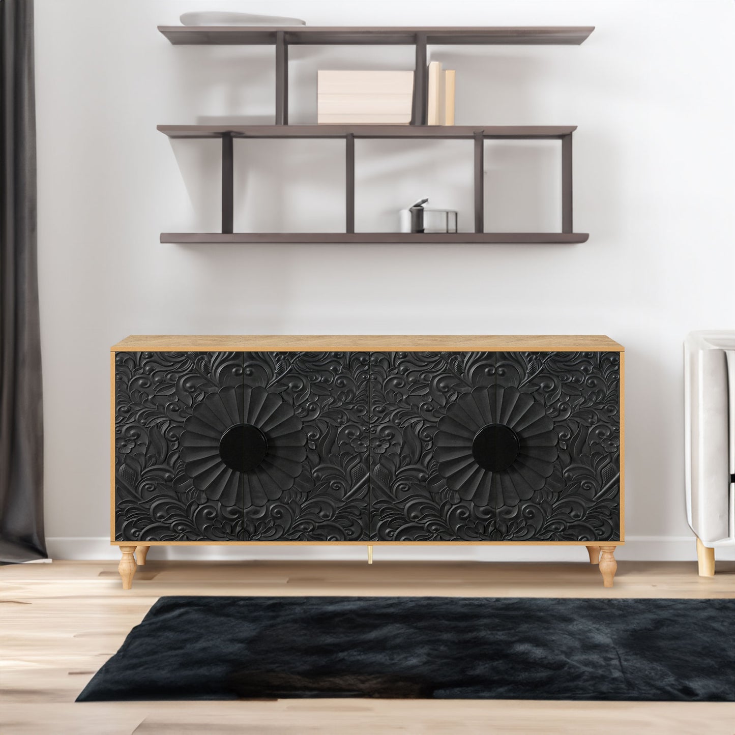 Black Carved Symmetrical Design Door with Wood-Colored Frame, Perfect for TV Stands and Living Rooms