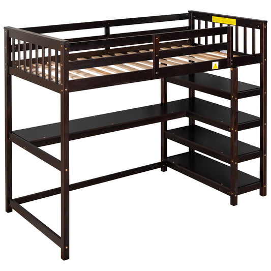 Twin Size Loft Bed with Storage Shelves and Under-bed Desk  Espresso