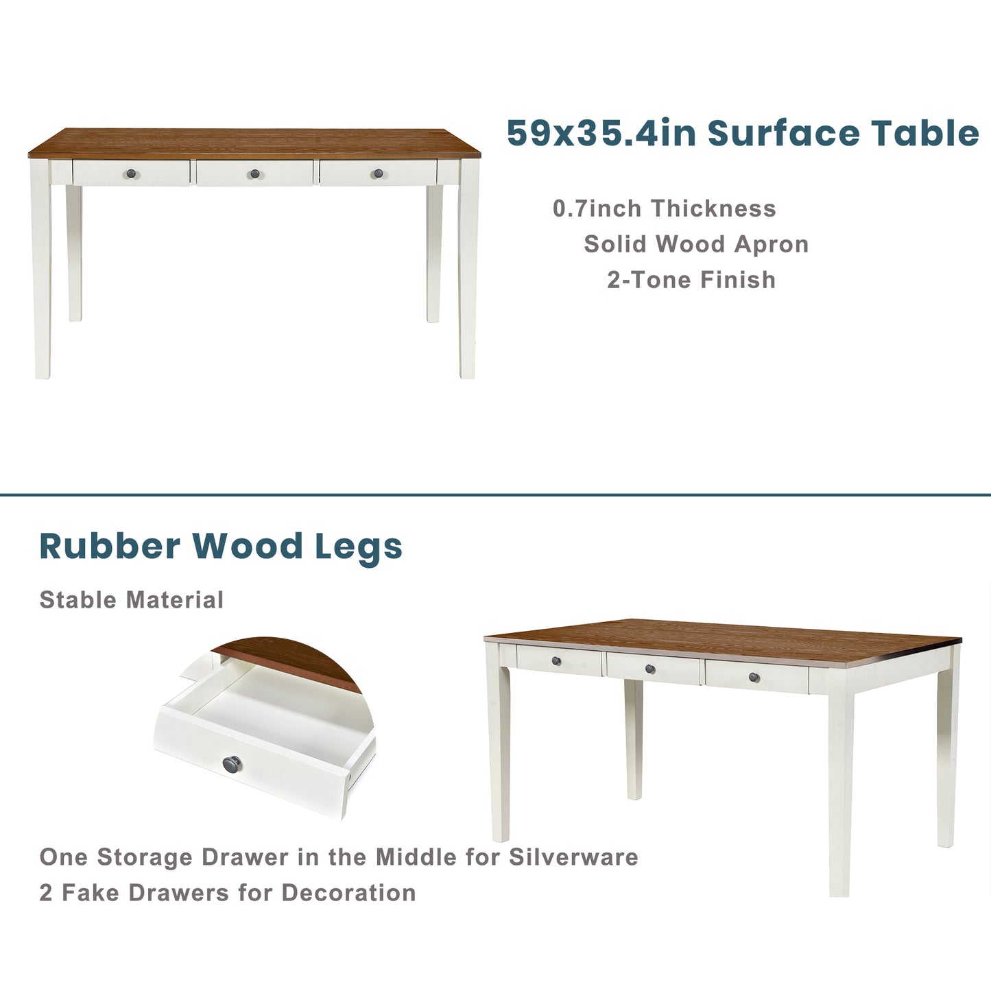 Juego de mesa de comedor de madera de 6 piezas TOPMAX Mid-Century con cajón, sillas tapizadas y banco, acabado en leche de mantequilla