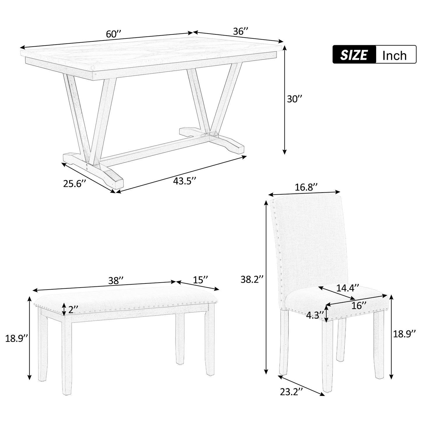 TREXM Modern 6-Piece Dining Table Set with 4 Chairs and 1 Bench, White Finish