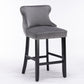 Velvet padded wing back bar stool with button tuft decoration and wooden leg chrome nail head decoration 2-piece set (gray)