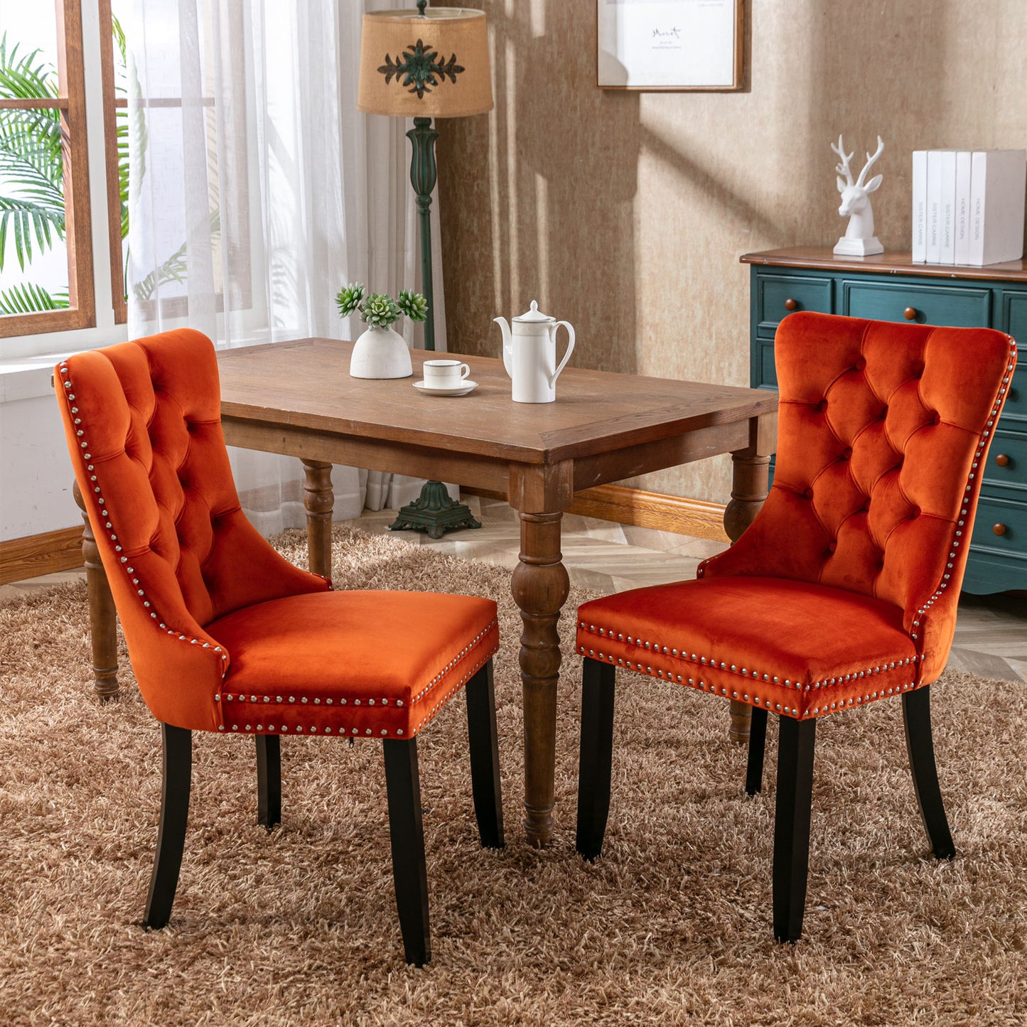 High-end Tufted Solid Wood Contemporary Velvet Upholstered Dining Chair with Wood Legs Nailhead Trim 2-Pcs Set Orange