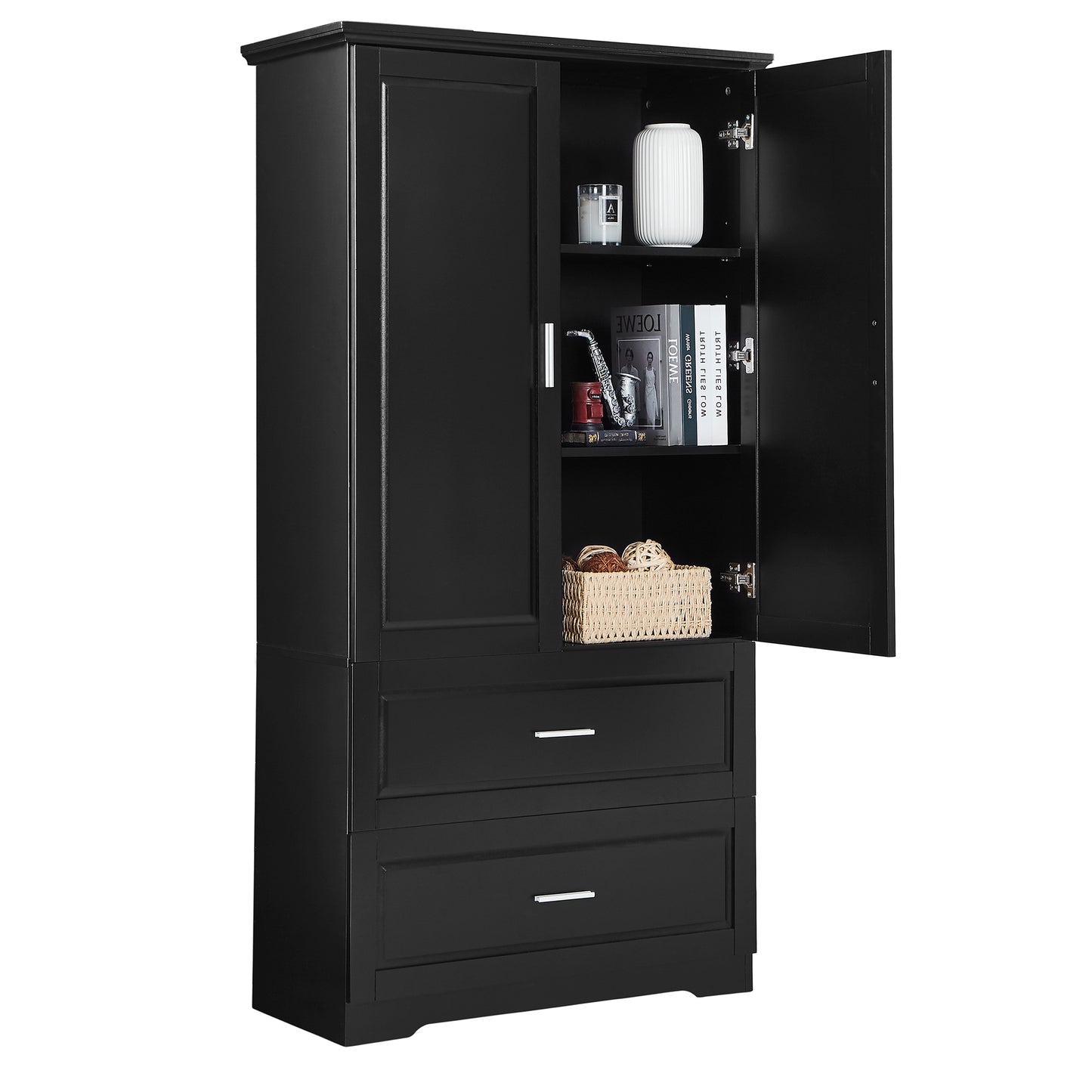 Tall Bathroom Storage Cabinet with Two Doors and Drawers, Adjustable Shelf, MDF Board, Black Finish