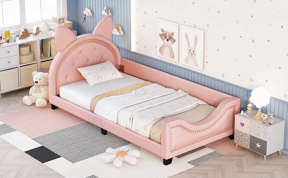 Twin Size Upholstered Daybed with Carton Ears Shaped Headboard  Pink