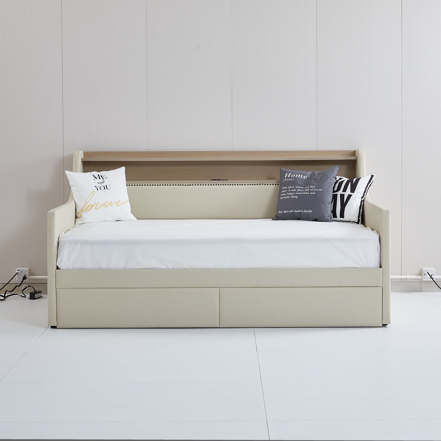 Twin Size Daybed with Storage Drawers, Upholstered Daybed with Charging Station and LED Lights, Beige